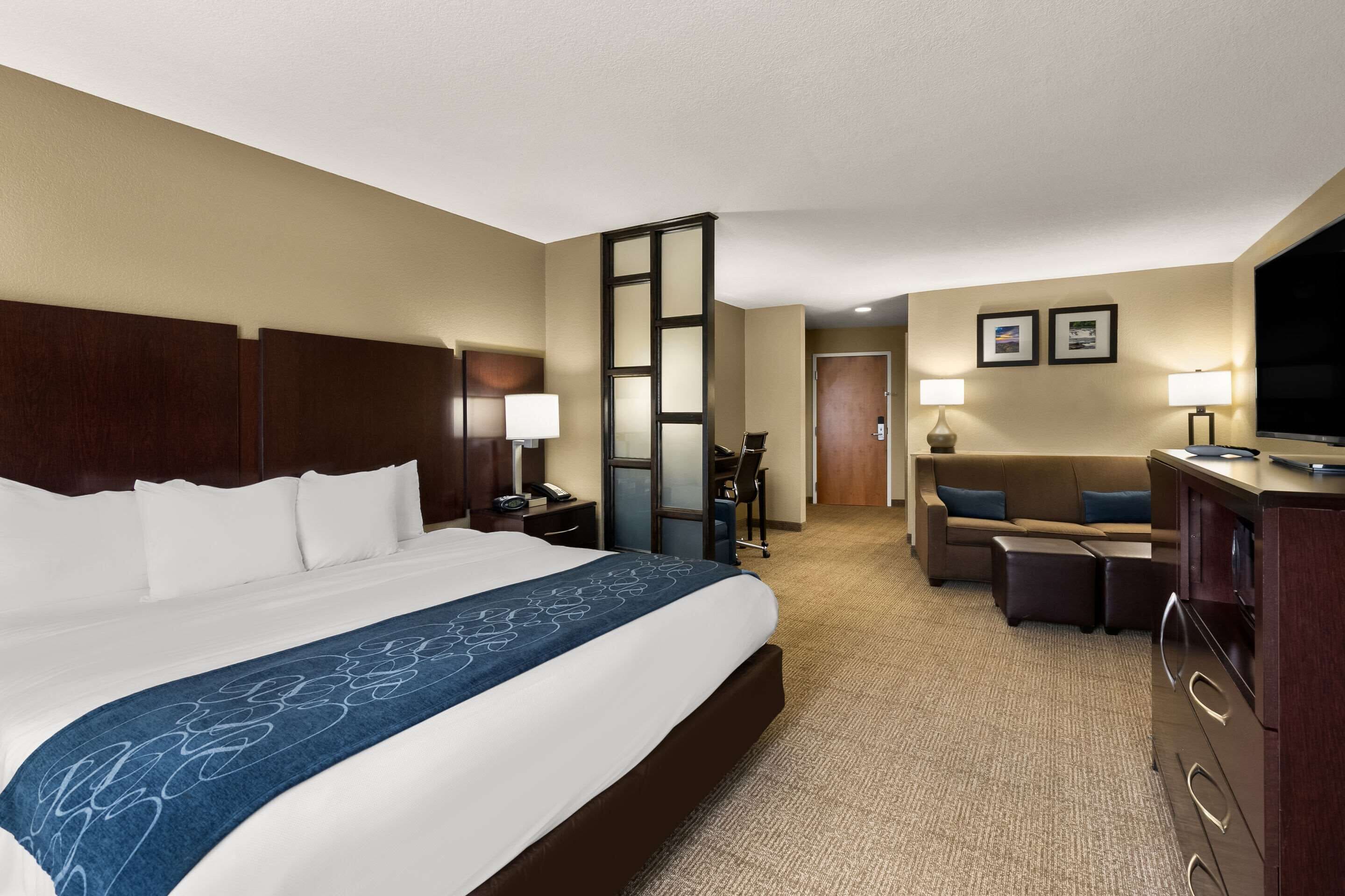 Una habitación de hotel con una cama grande, un escritorio, una silla, un televisor y un sofá.