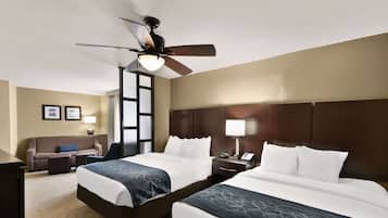 Premium bedding, pillow-top beds, desk, laptop workspace