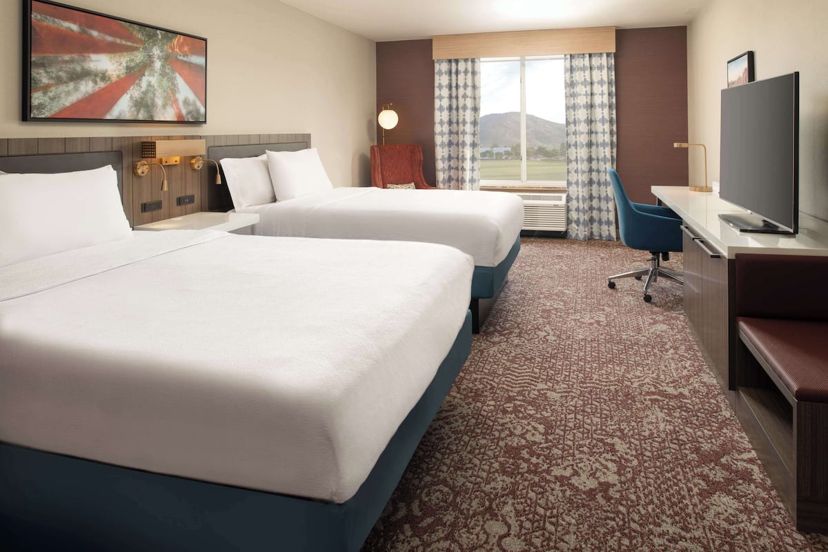 Habitación de hotel con dos camas, un escritorio, un televisor y vistas al exterior.