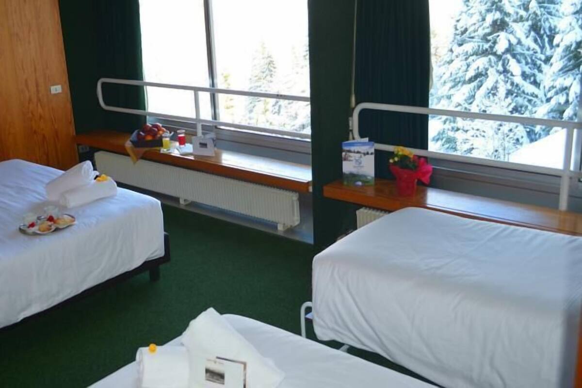 Ein Hotelzimmer mit zwei Betten, einem Fenster mit Blick auf schneebedeckte Bäume und einem kleinen Tisch mit einer Flasche und einem Glas.