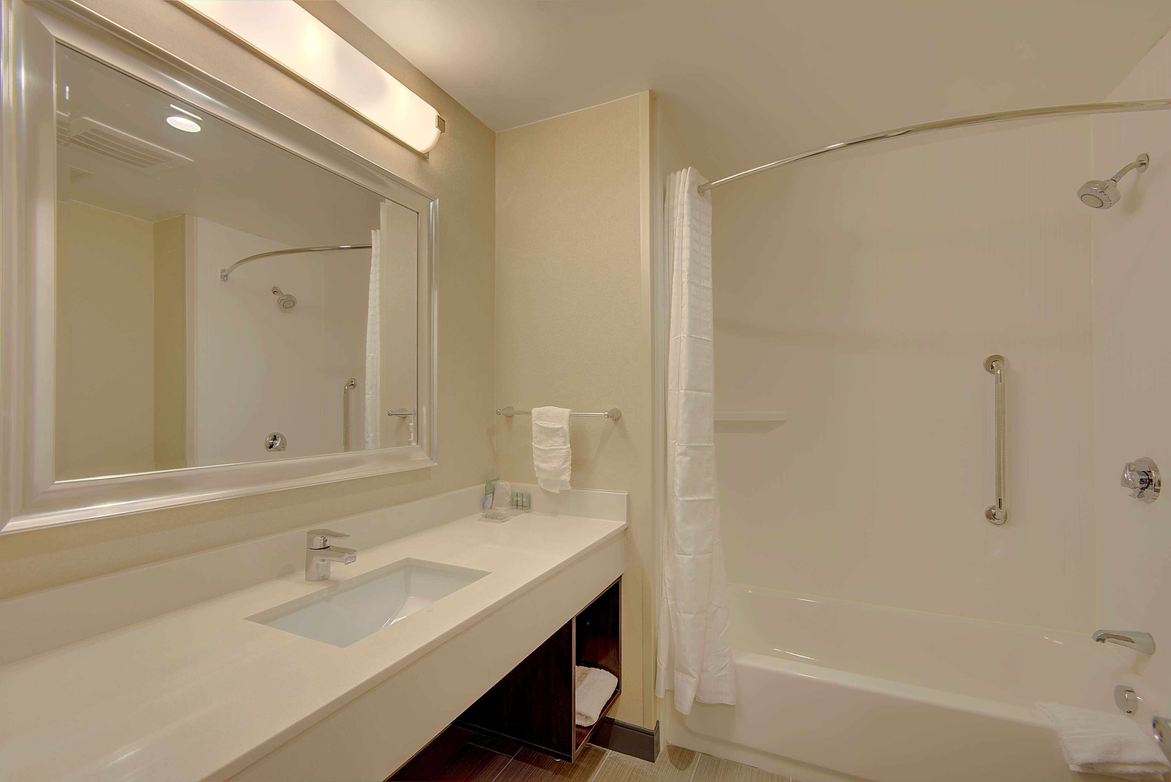 A bathroom with a sink, mirror, and shower.