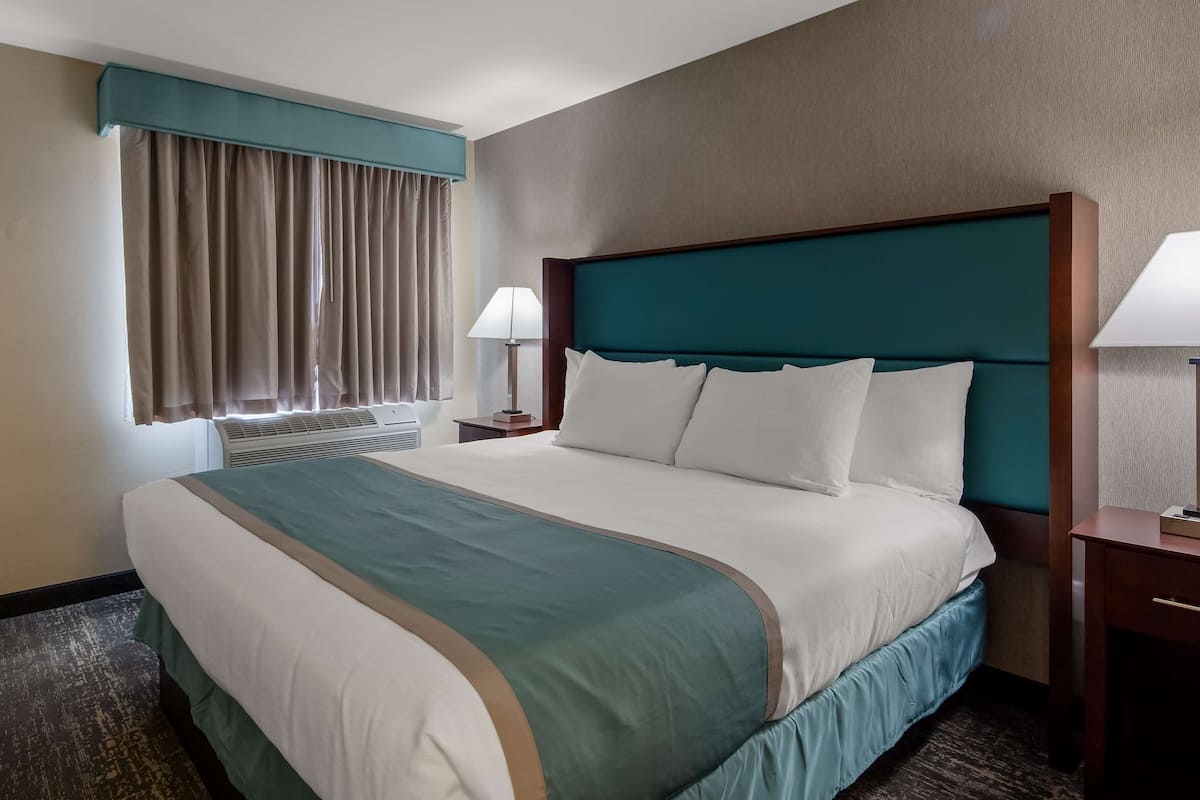 A hotel room with a large bed, a bedside table with a lamp, a window with curtains, and an air conditioning unit.