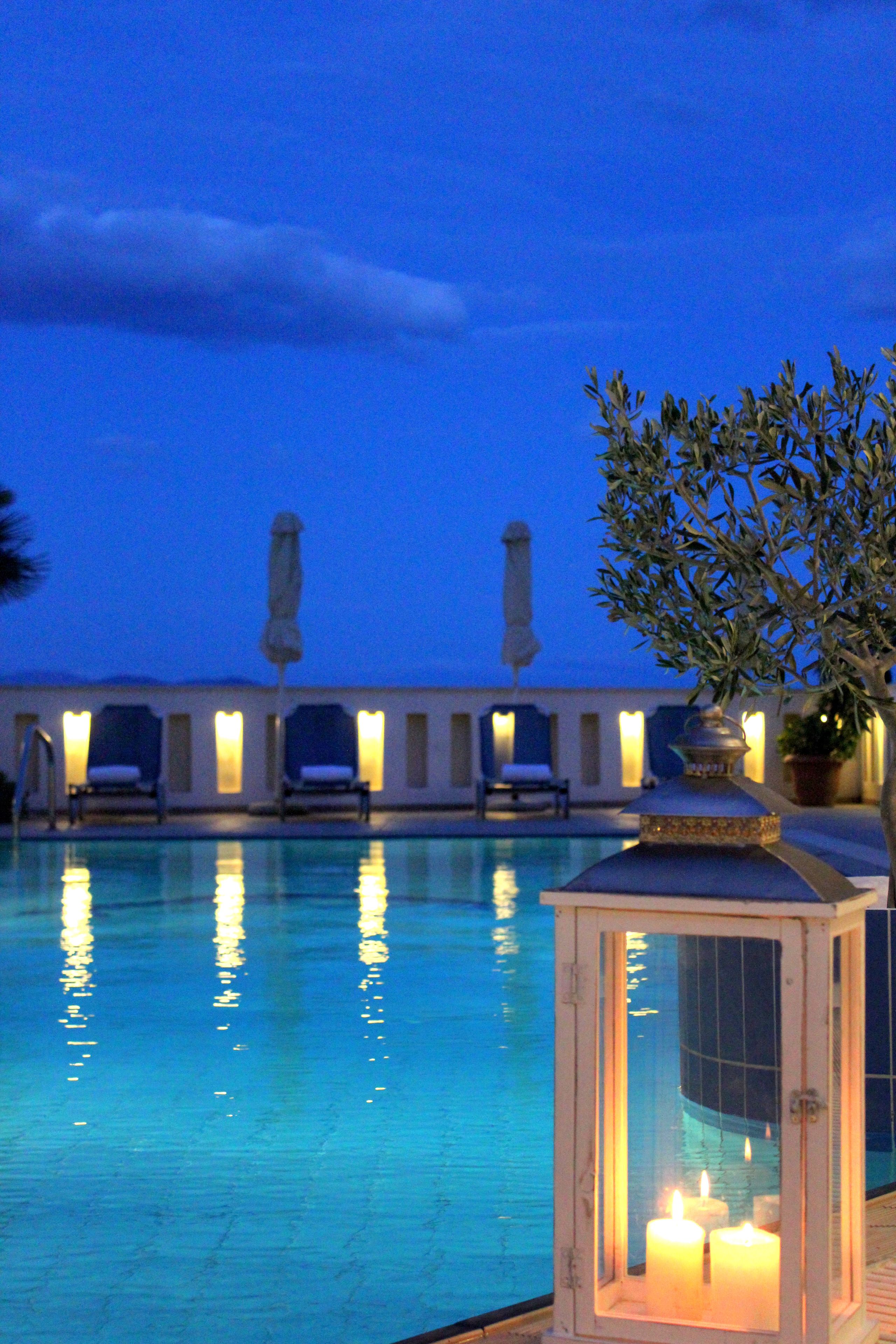 outdoor pool, pool umbrellas, pool loungers