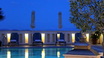Outdoor pool, pool umbrellas, pool loungers