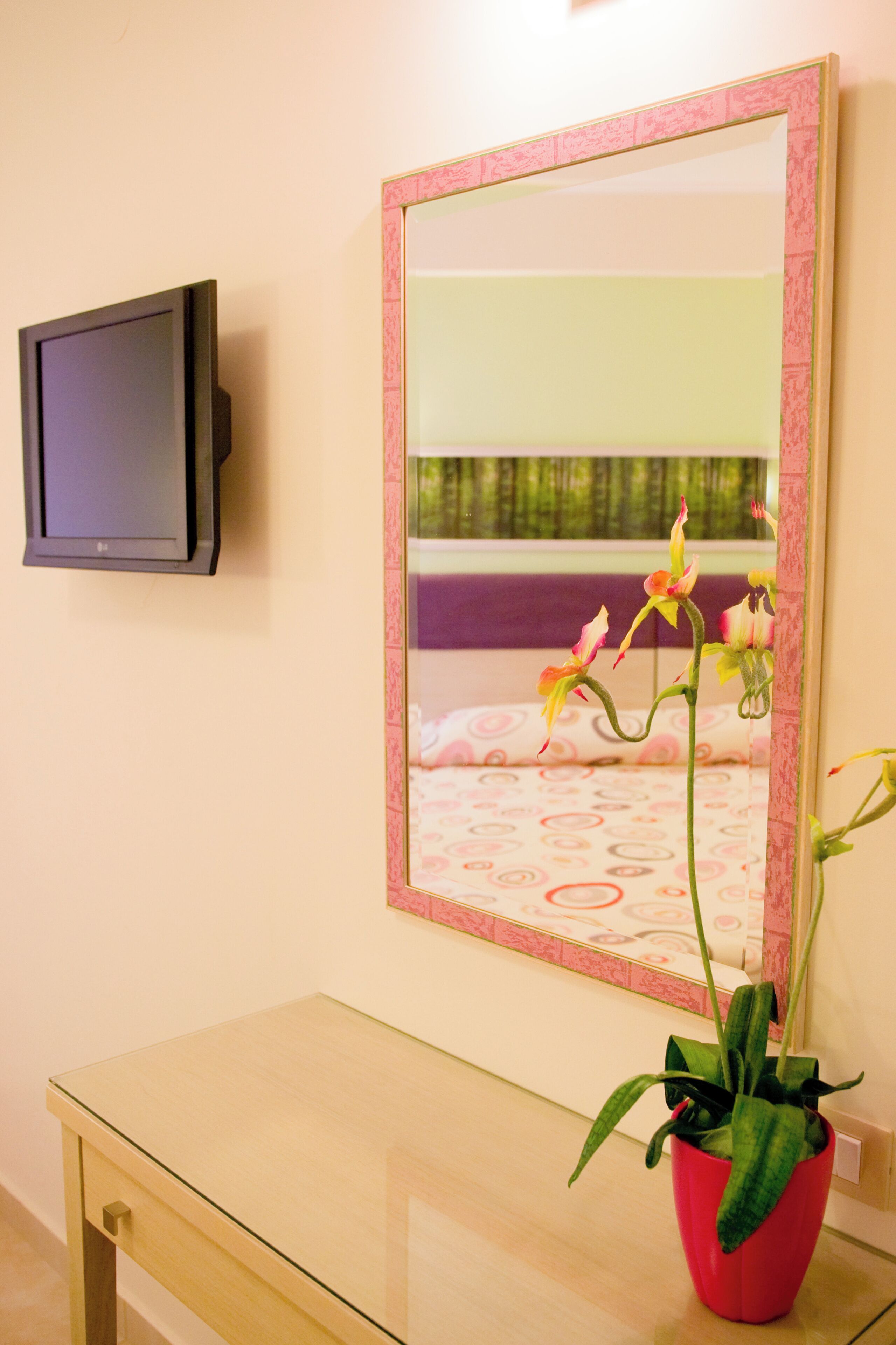 A room with a flat-screen TV mounted on the wall, a large mirror with a pink frame, and a red potted plant on a glass table.