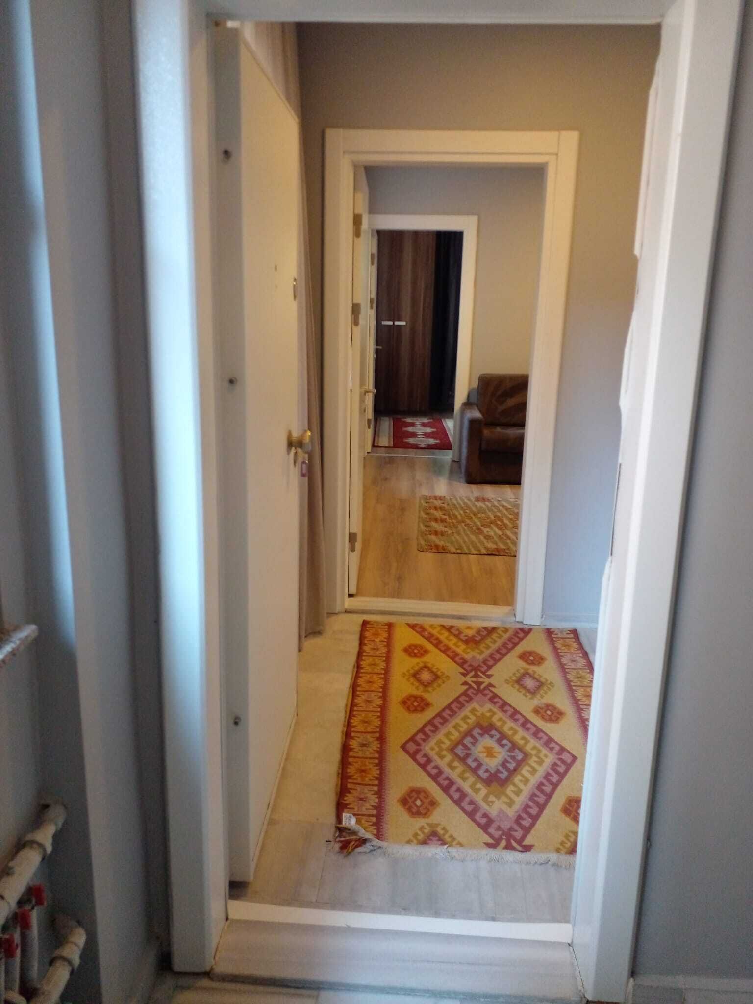 A narrow hallway with a patterned carpet, a door leading to another room, and a visible door handle.