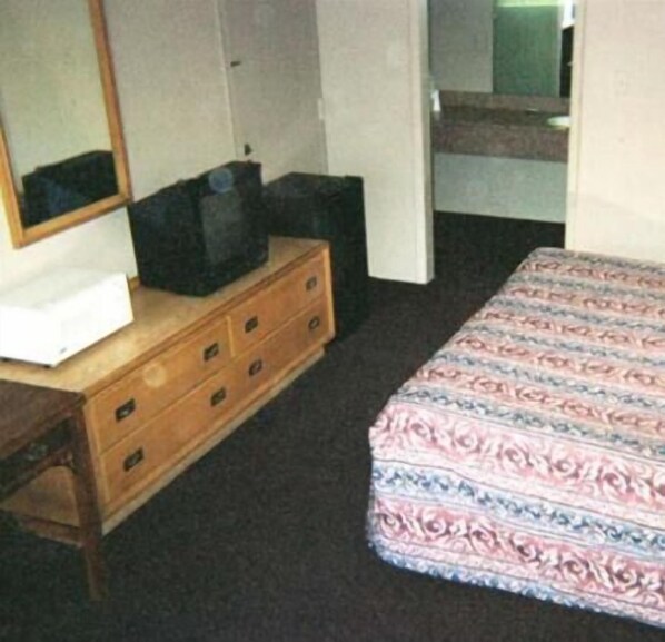 Un dormitorio con cama, cómoda, espejo y televisor.