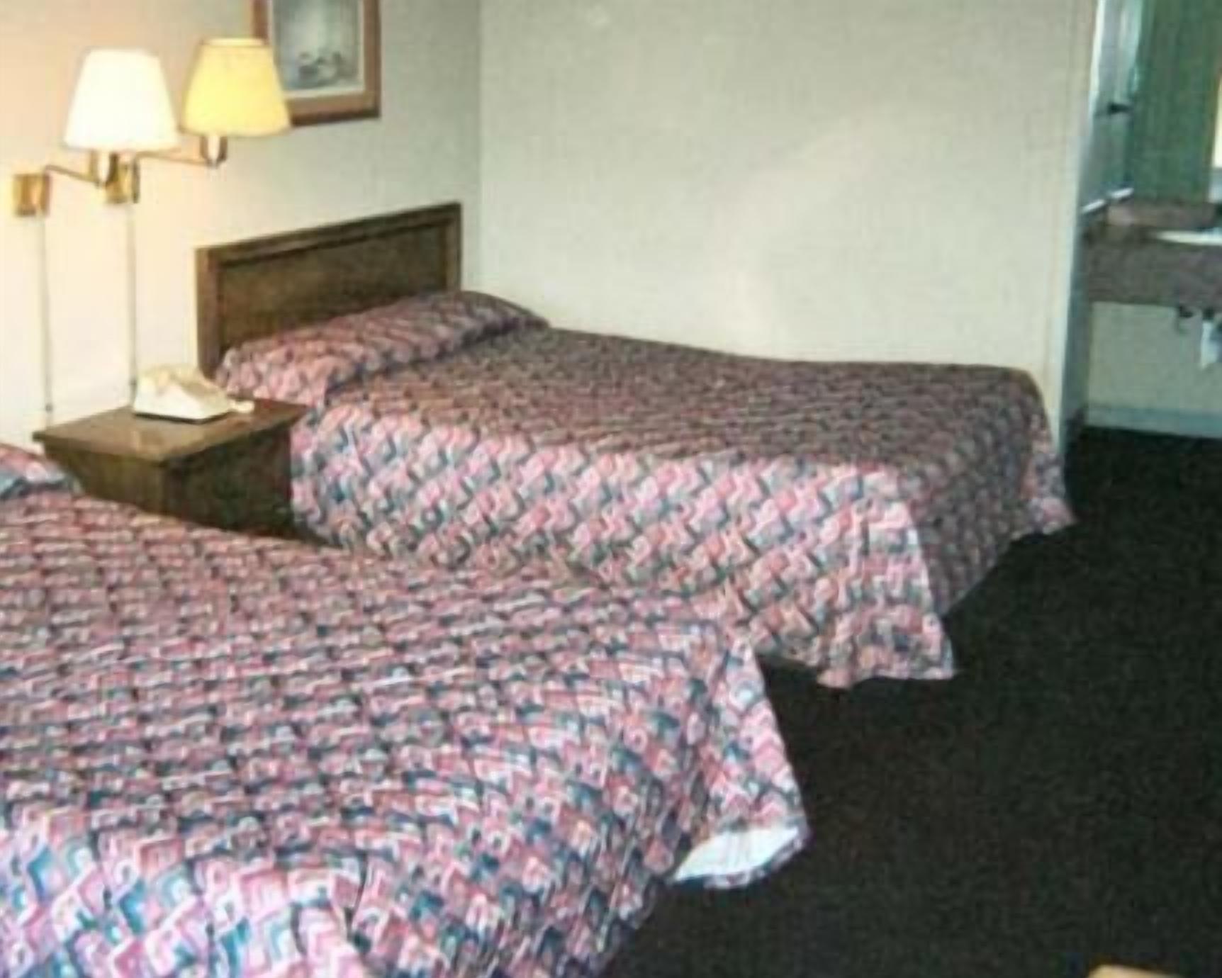 A hotel room with two beds, each with patterned bedding, a nightstand with a lamp, and a framed picture on the wall.