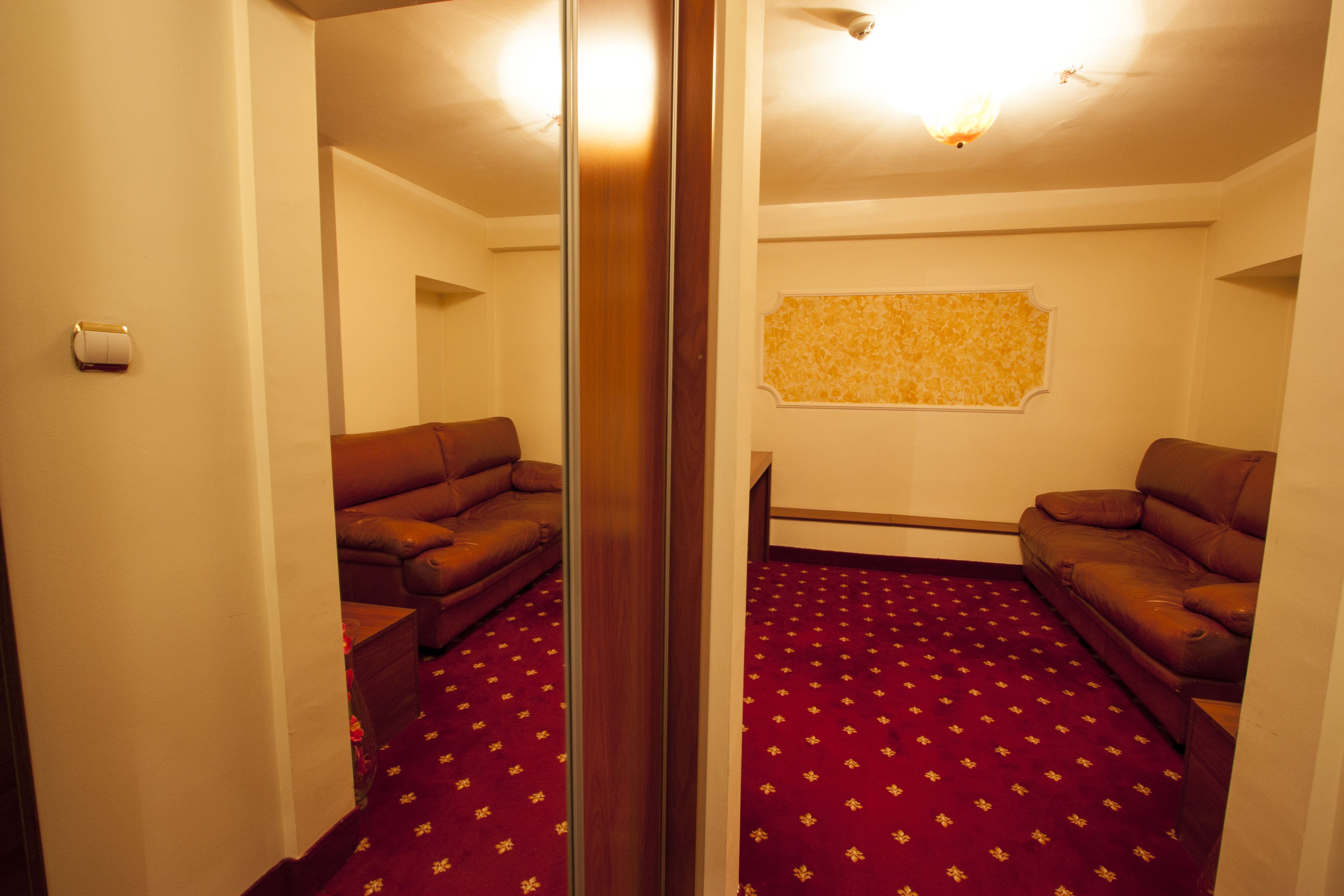 Une pièce avec un tapis rouge, deux canapés marron, un plancher en bois et un mur recouvert d’un papier peint à motifs.