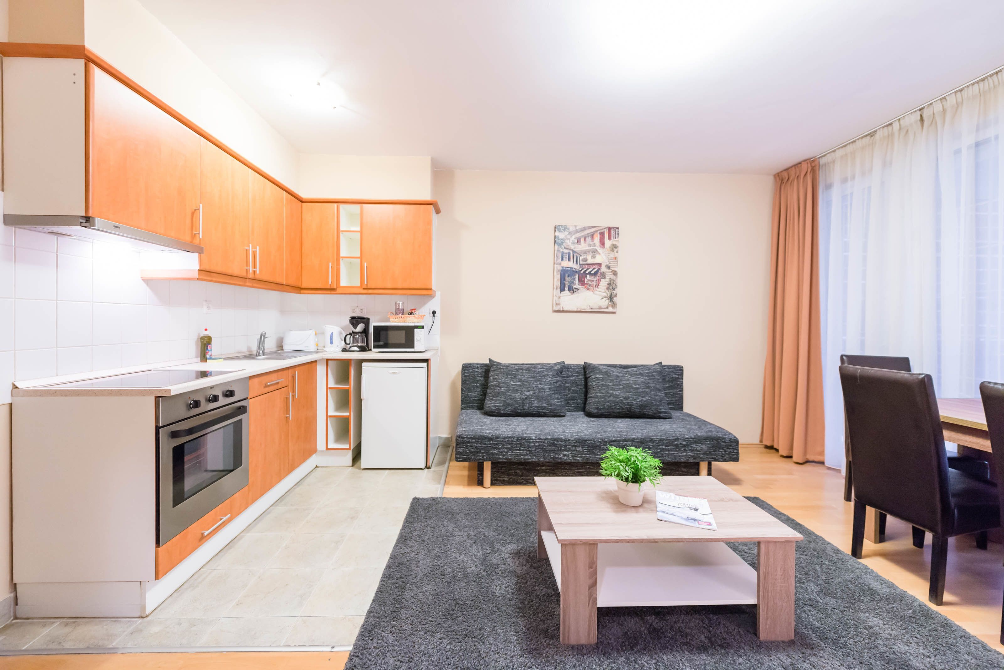 Un espacio habitable compacto con kitchenette, sofá, mesa de comedor y una pequeña mesa de centro.