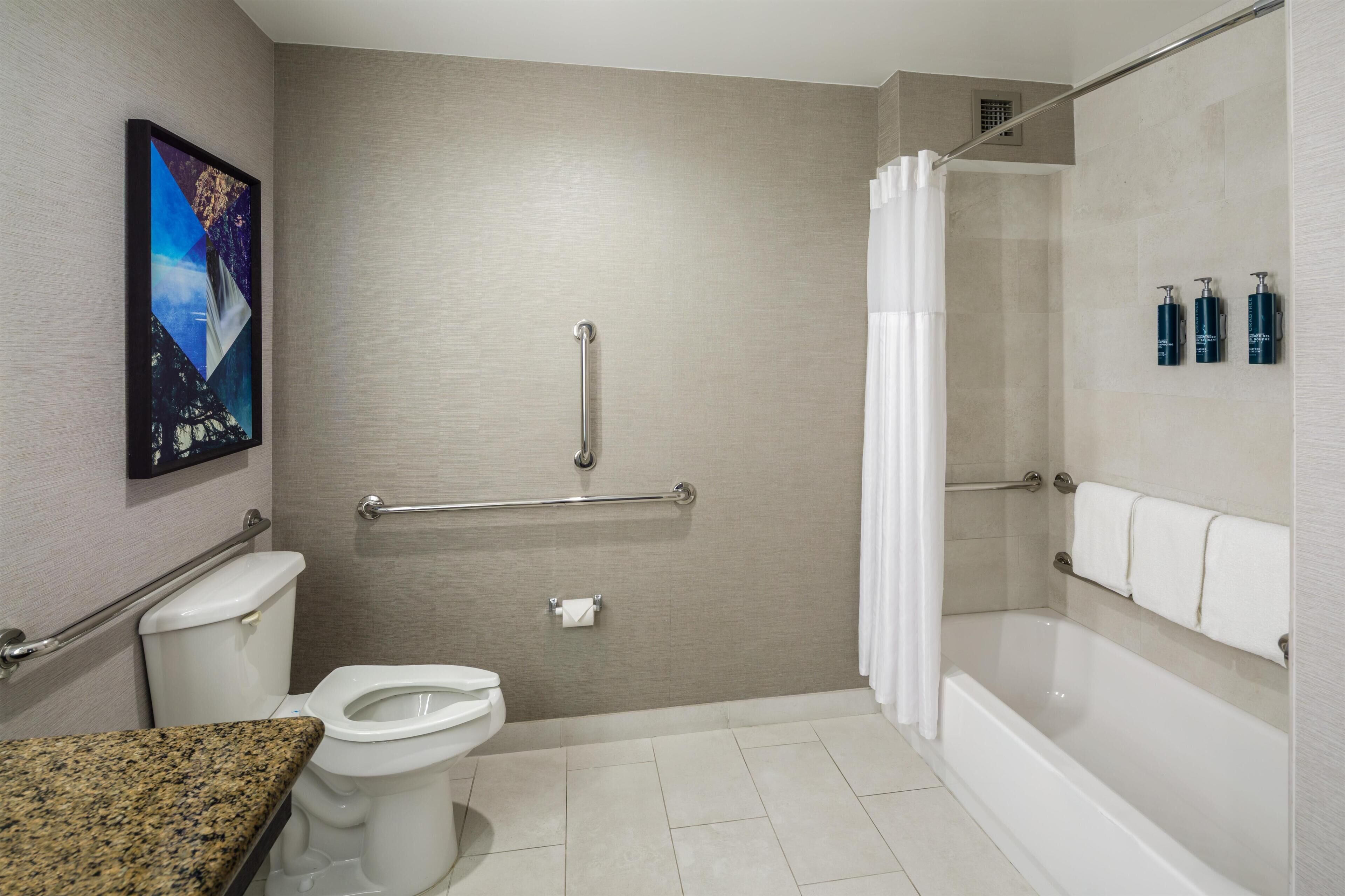 Un baño moderno con inodoro, barras de apoyo, ducha y lavamanos.