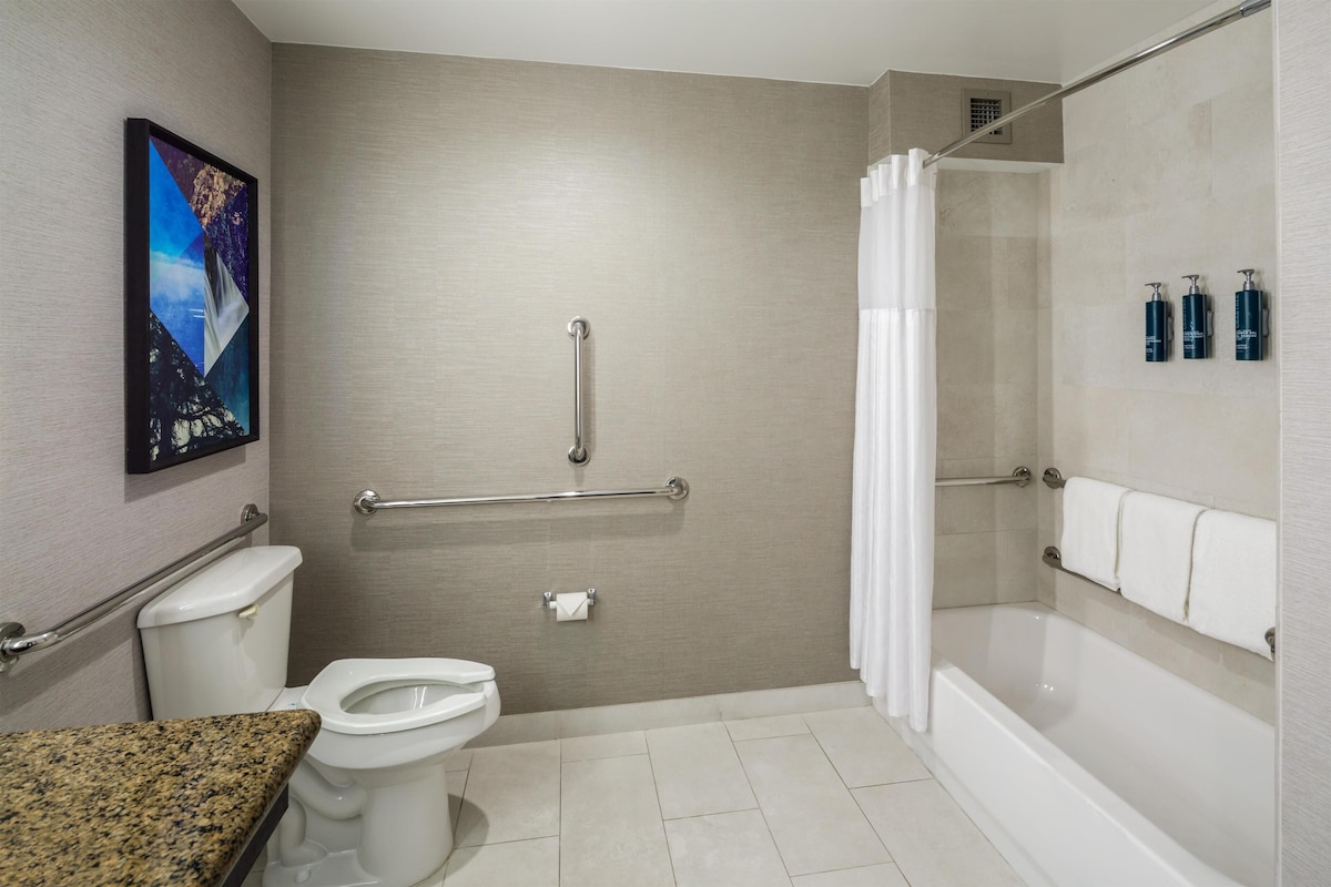 A modern bathroom with a toilet, grab bars, a shower, and a sink.
