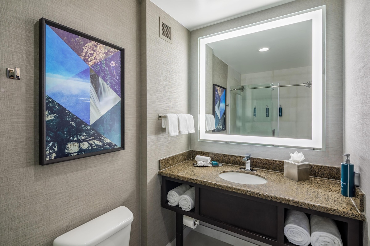 A modern bathroom with a large mirror, a sink, and a toilet. There is a framed picture on the wall and towels on the counter.