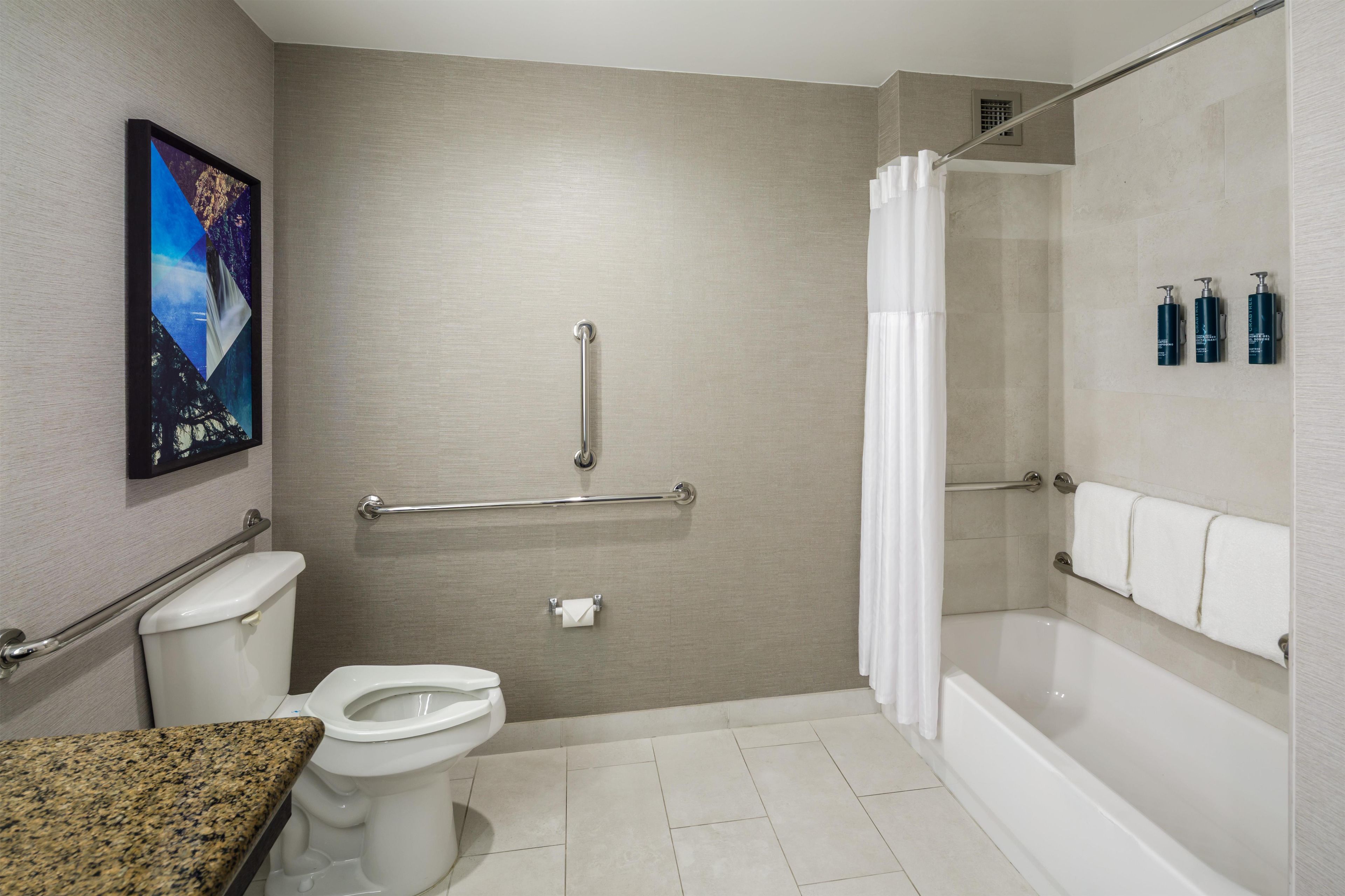 A modern bathroom with a toilet, grab bars, a shower, and a sink.