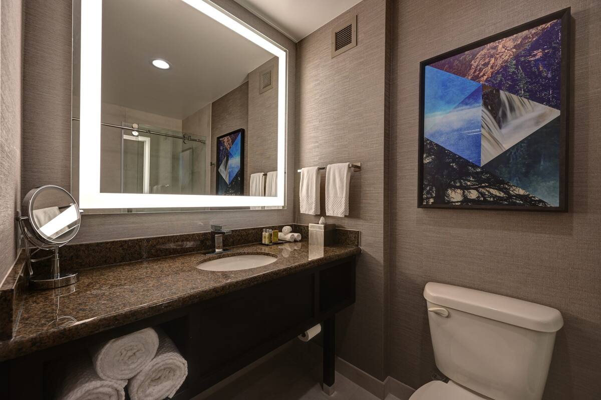 room, 1 king bed | bathroom | free toiletries, hair dryer, towels