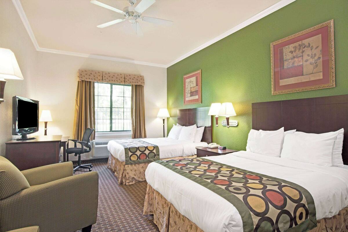 Une chambre d’hôtel avec deux lits, une télévision, un bureau et une chaise.