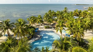 Um resort com piscina rodeada por palmeiras e vista para o oceano.
