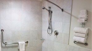 A bathroom with a wheelchair-accessible shower, a toilet, and a handrail.