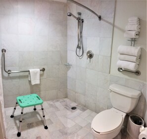 Une salle de bain équipée d’une douche accessible aux personnes en fauteuil roulant, de toilettes et d’une barre d’appui.