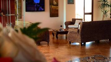 Una sala de estar con televisor, un sofá estampado, una mesita de centro y un tapete decorativo.