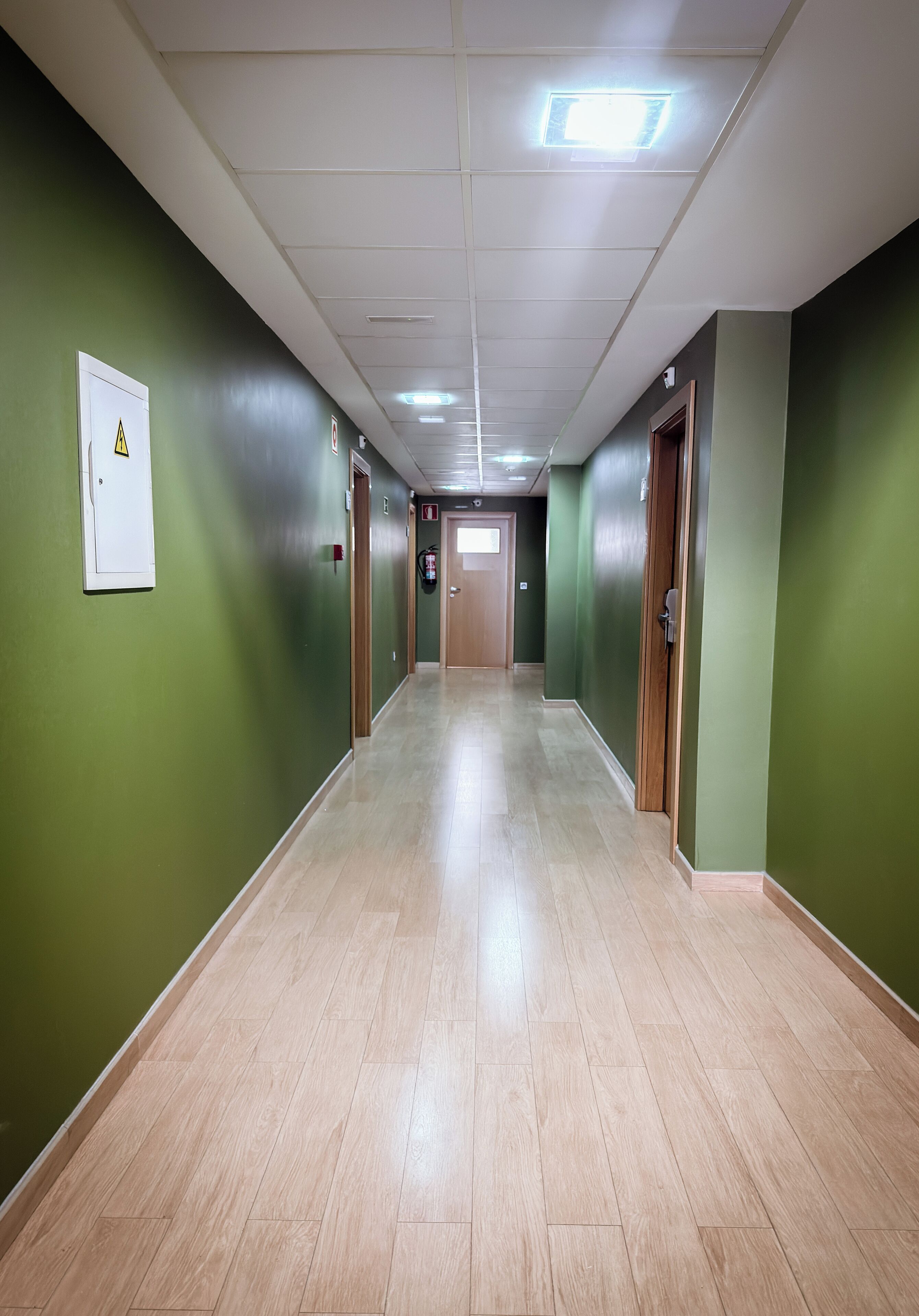 A long, narrow hallway with green walls and wooden flooring.