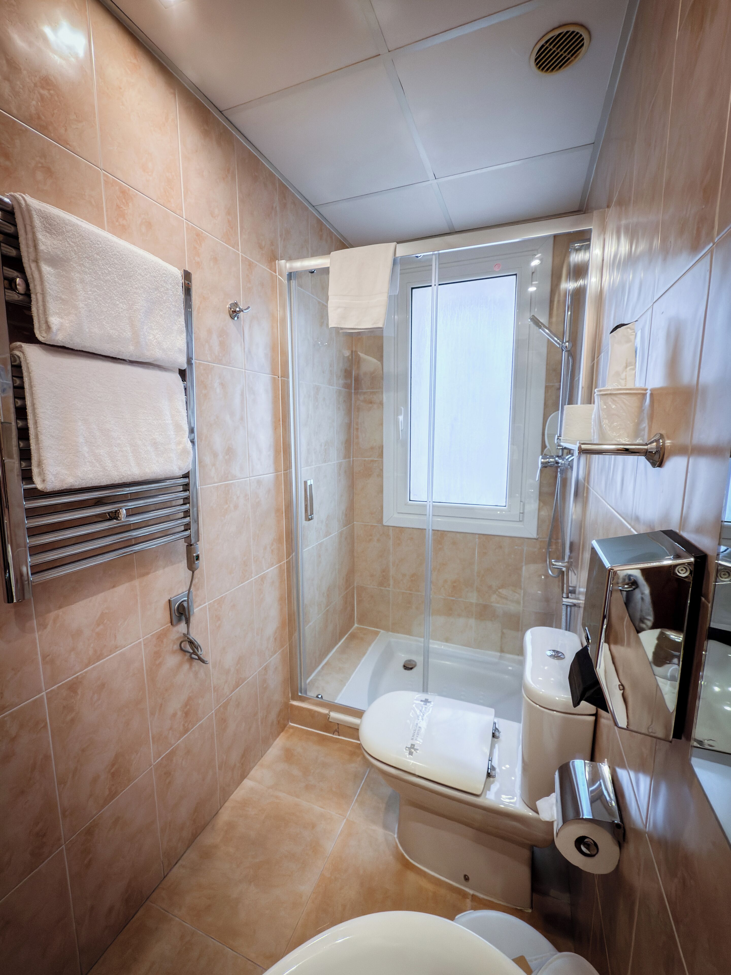 A modern bathroom with a glass-enclosed shower, a toilet, and a towel rack with folded towels.