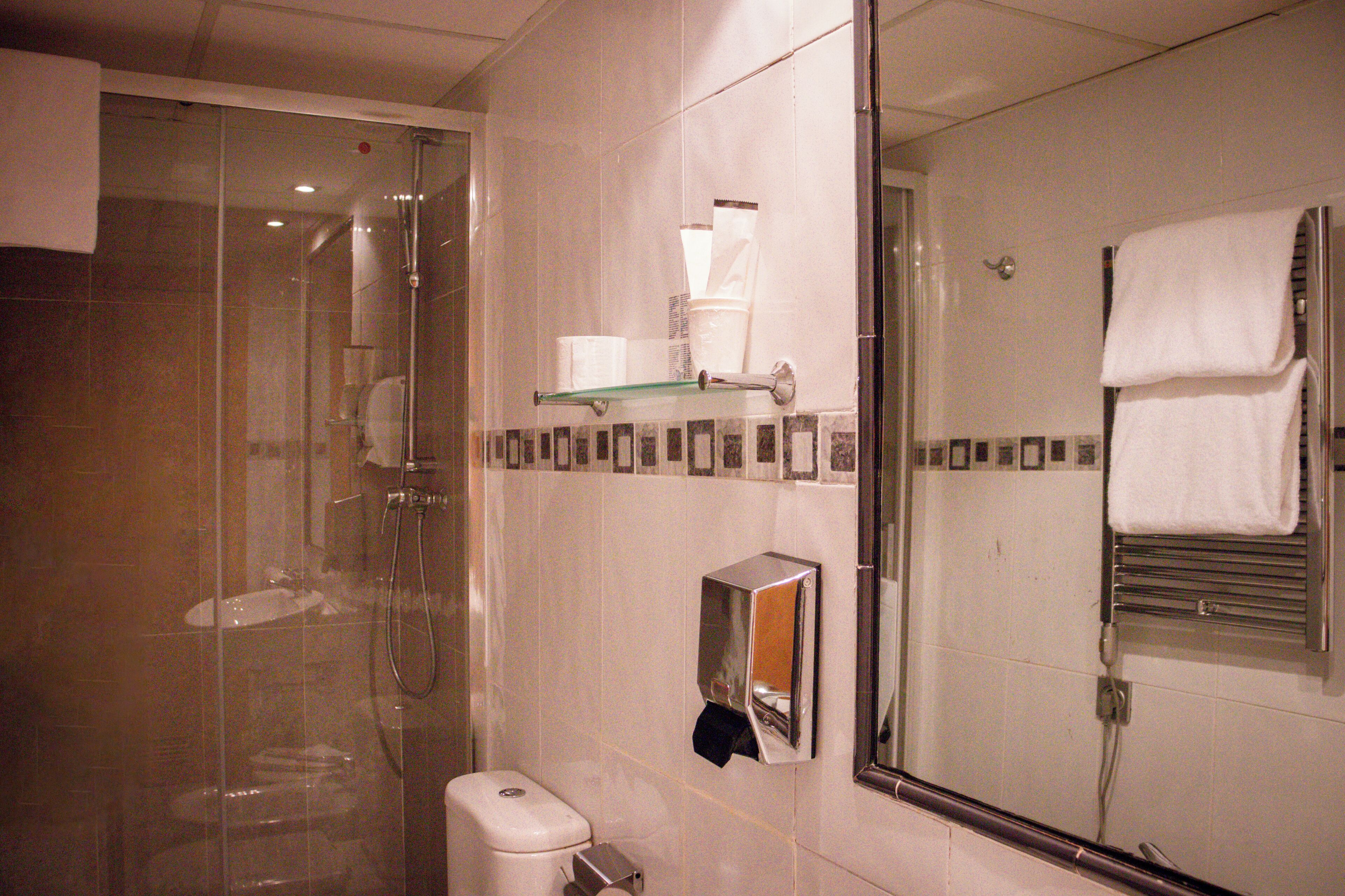 A hotel bathroom with a glass-enclosed shower, a toilet, a towel rack, and a mirror.