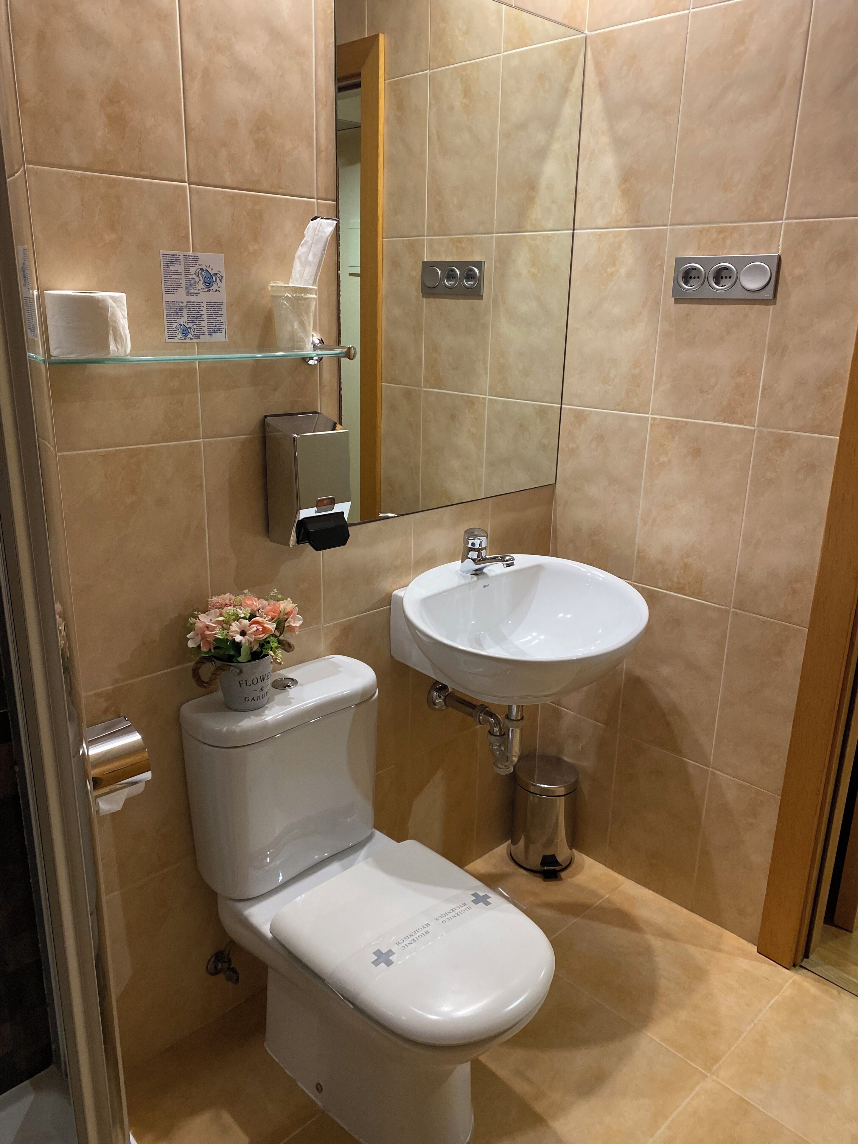 Een badkamer met toilet, wastafel en spiegel. Er is een glazen plankje met een zakdoekdispenser en een bloevas.