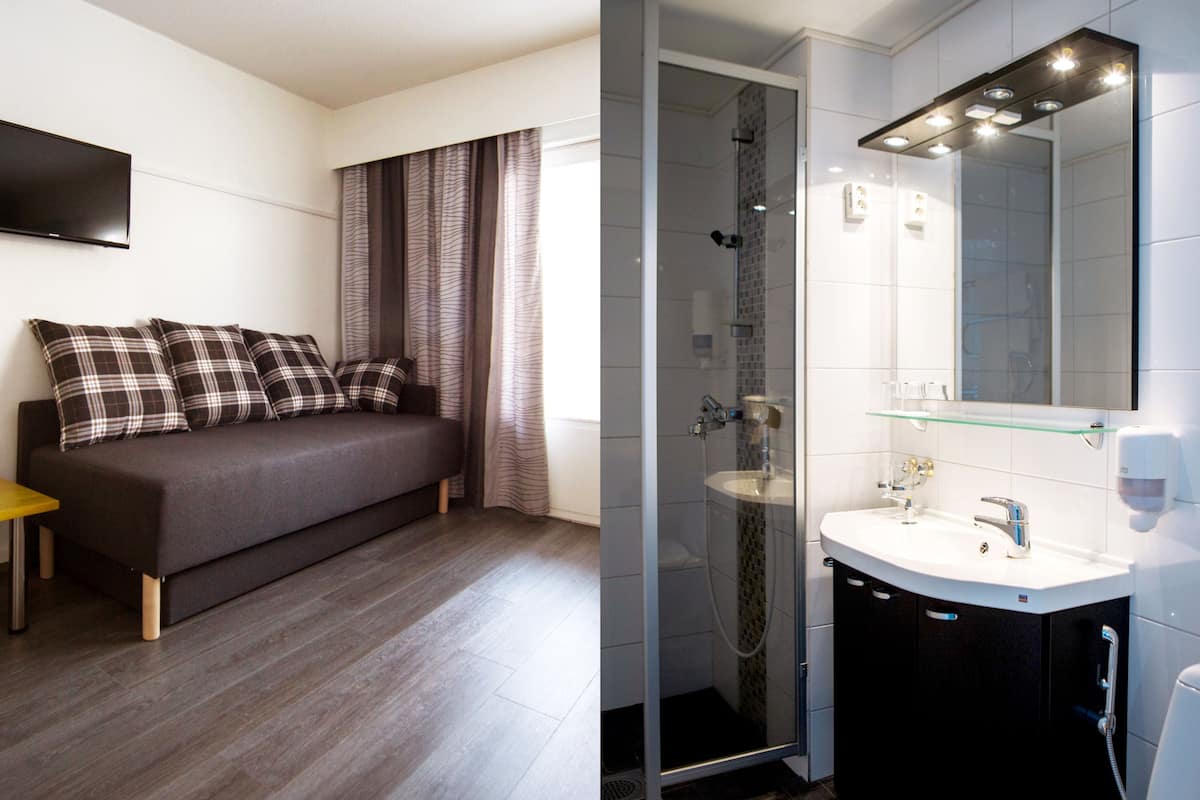 family room | bathroom | shower, hair dryer, towels