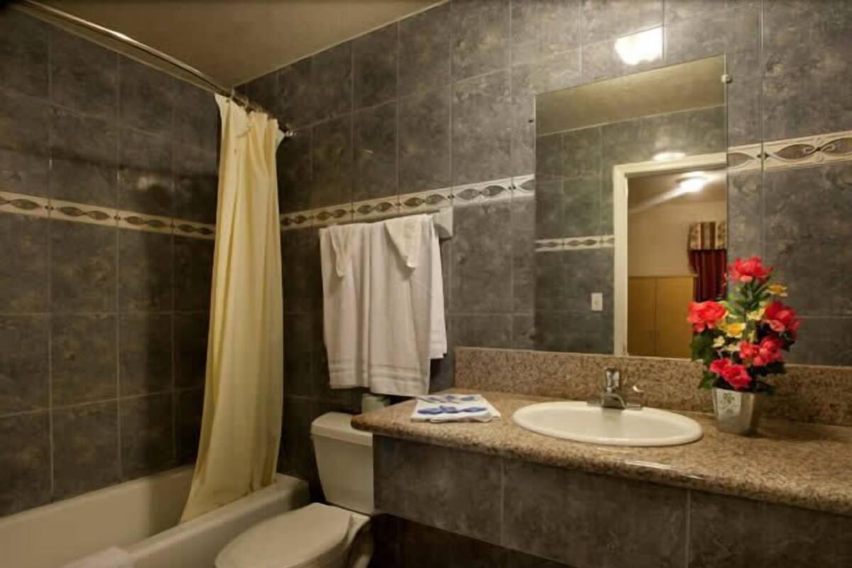 Un baño con bañera, inodoro, lavabo y espejo.