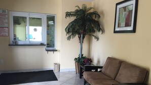Una sala de estar con un sofá color crema, una planta alta en maceta, un cuadro enmarcado en la pared y una ventana con un letrero encima.