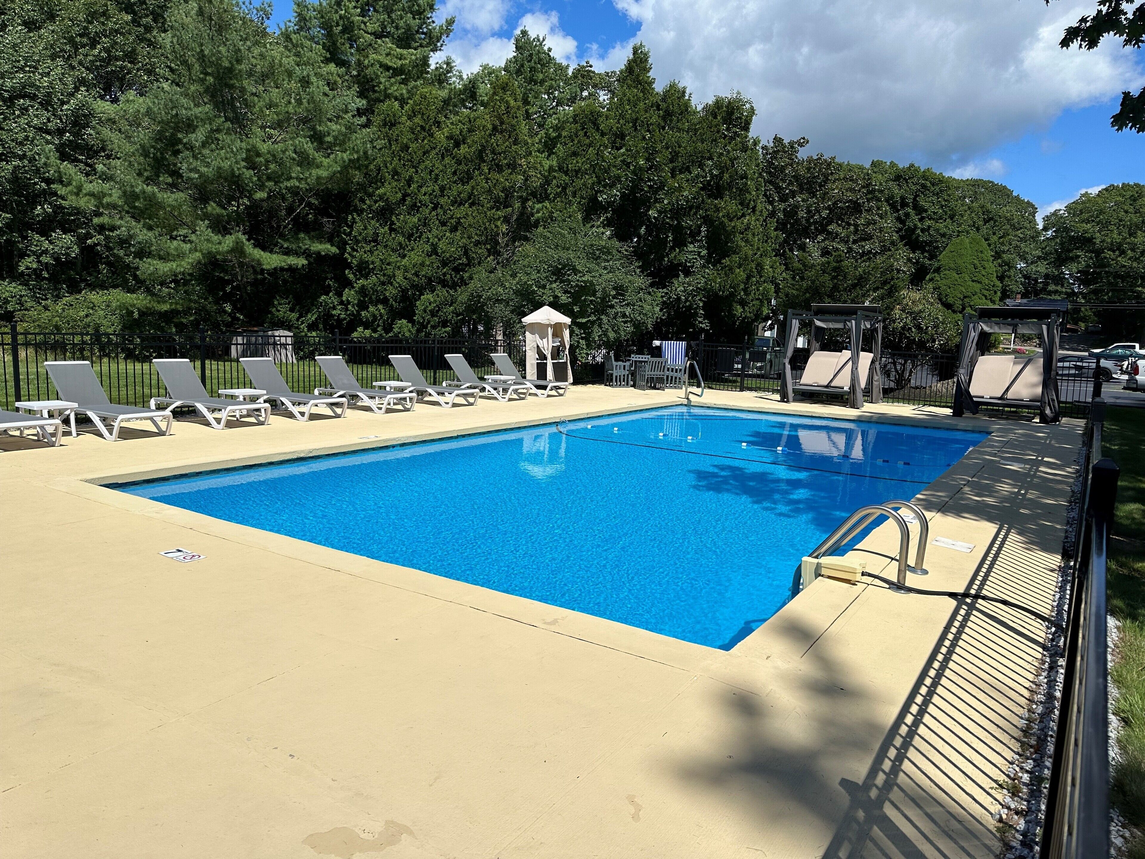 A rectangular swimming pool with a clear blue water surface, surrounded by beige deck area, and shaded by trees.