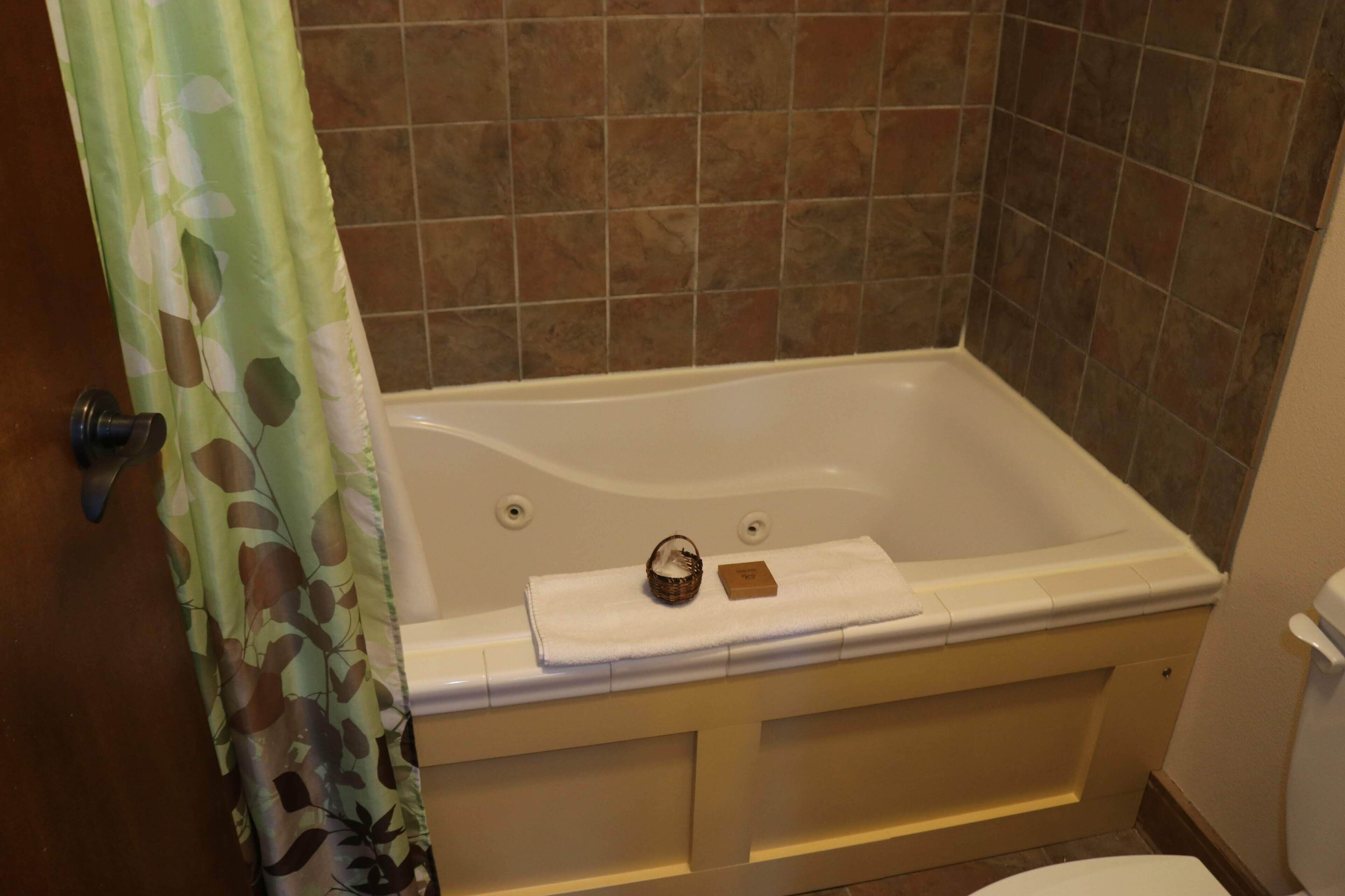 Un bagno con una vasca, un water e una tenda da doccia.