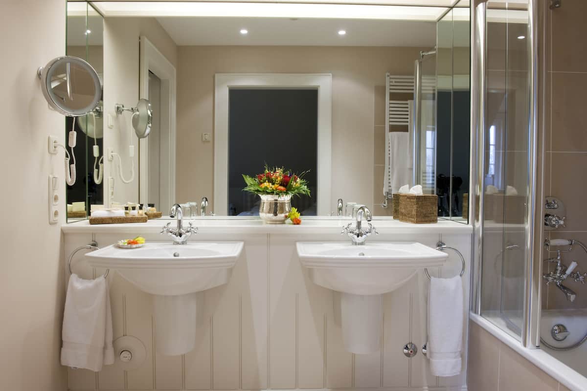 free toiletries, hair dryer, slippers, towels