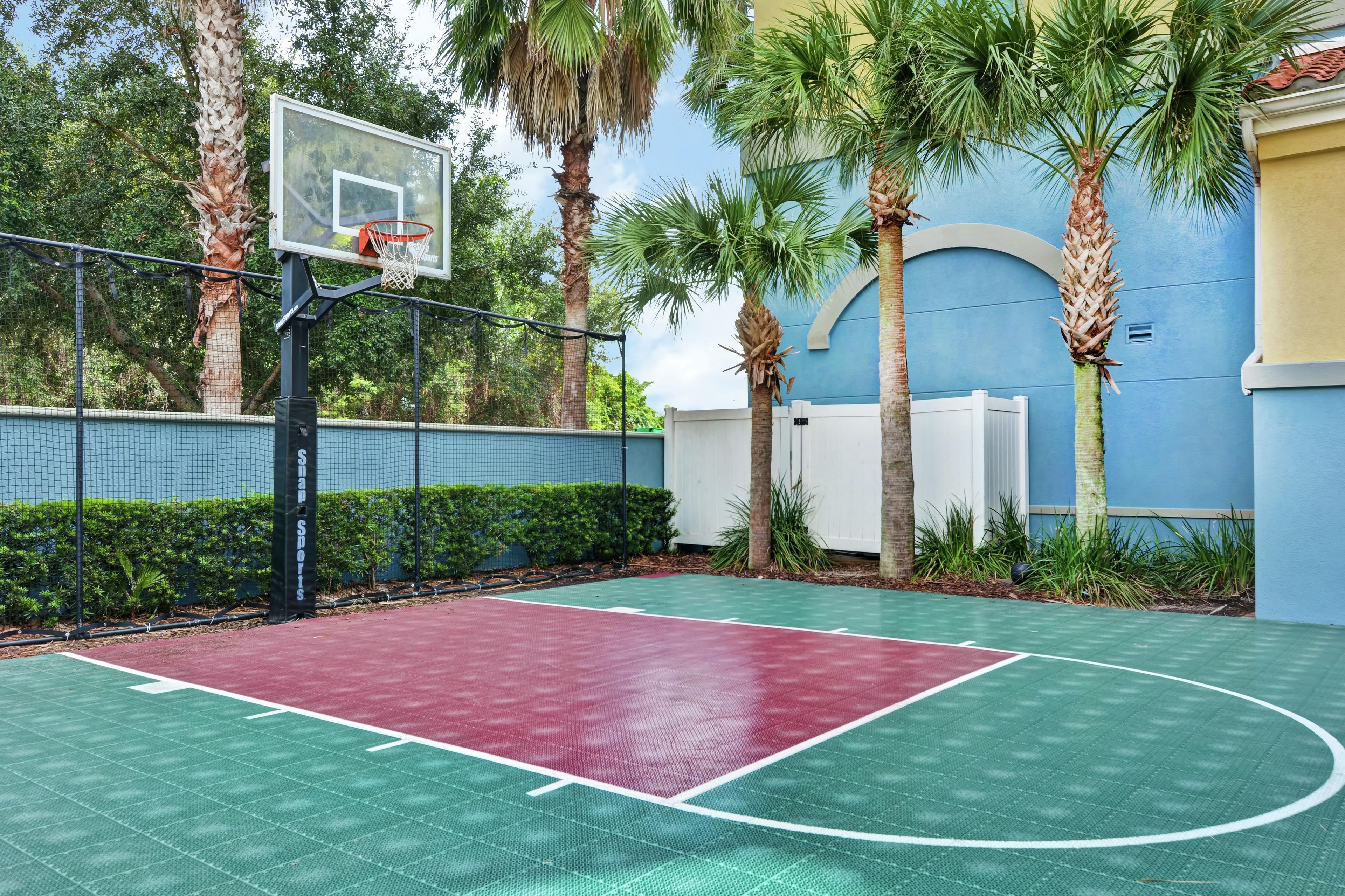 Un terrain de basket en plein air, avec un panier, entouré de palmiers et bordé d’un mur bleu.