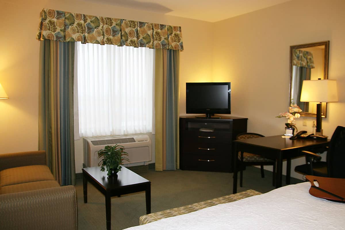 A hotel room with a bed, a desk, a chair, a television, and a window with curtains.