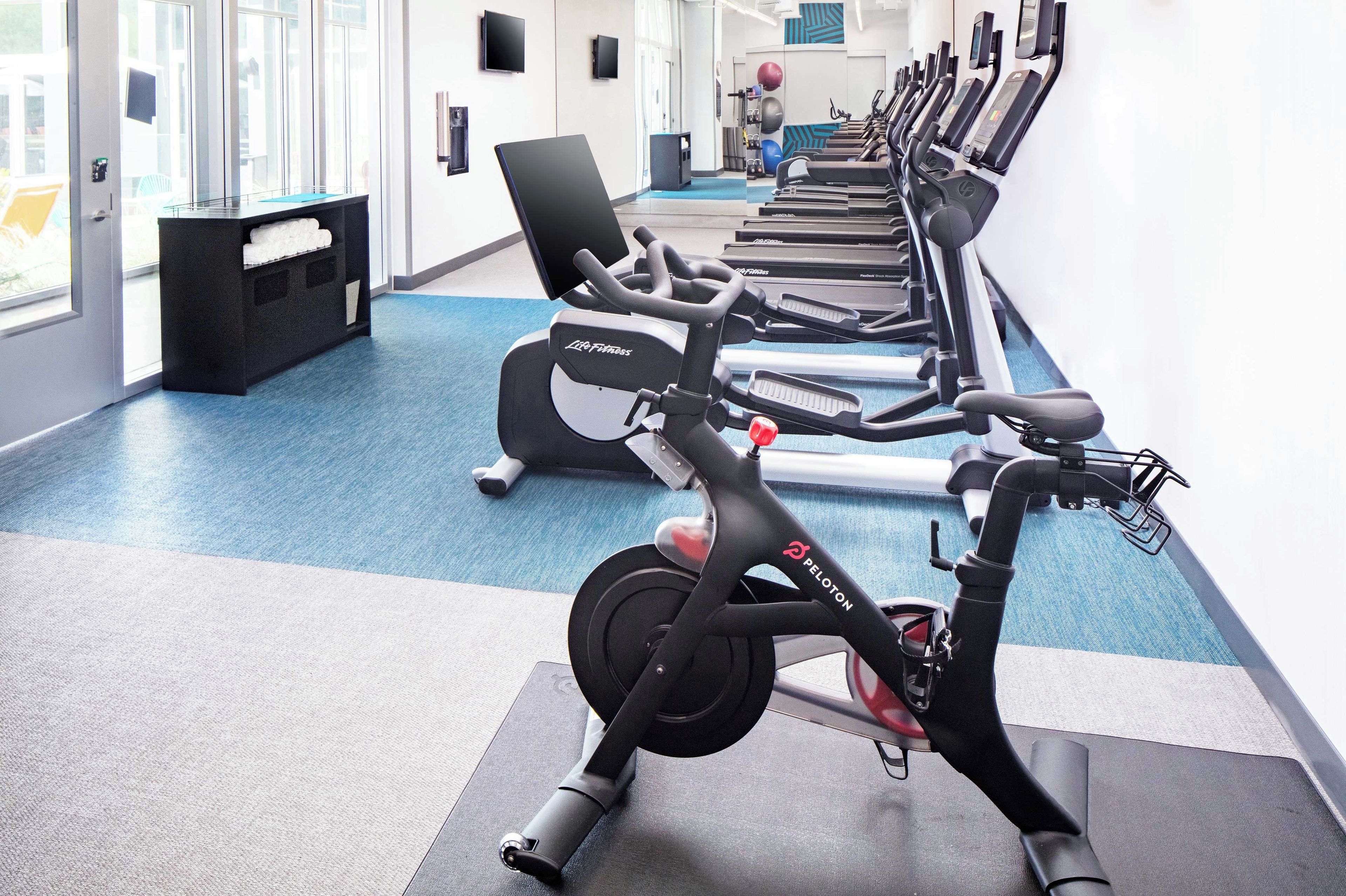 Un gimnasio con varias bicicletas estáticas, piso cubierto de moqueta azul y un amplio ventanal que proporciona luz natural.