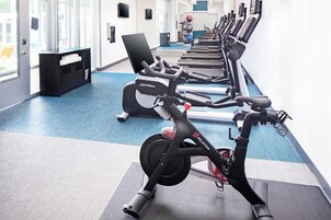 Un gimnasio con varias bicicletas estáticas, piso cubierto de moqueta azul y un amplio ventanal que proporciona luz natural.
