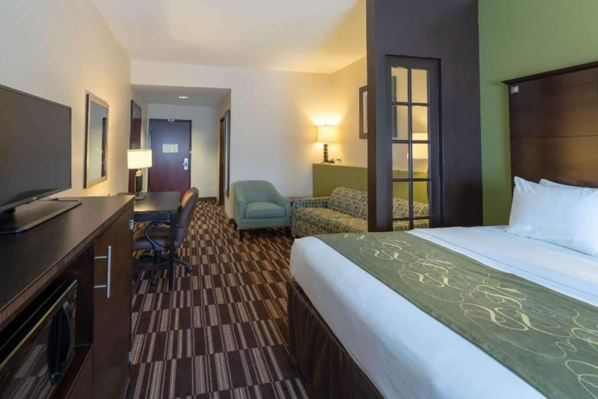 A hotel room with a bed, a desk with a chair, a television, and a lamp.