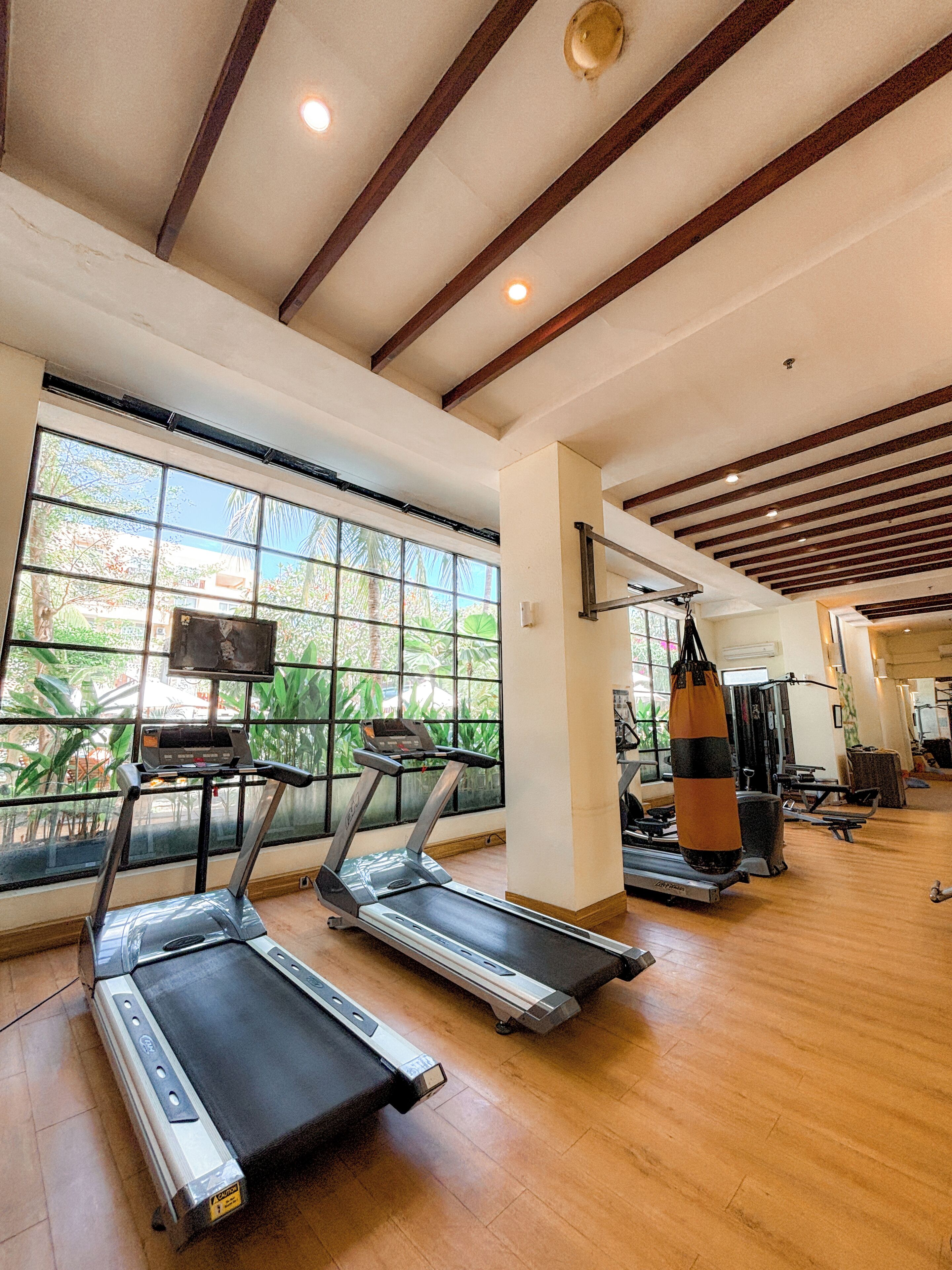 A gym with treadmills, a punching bag, and exercise equipment.