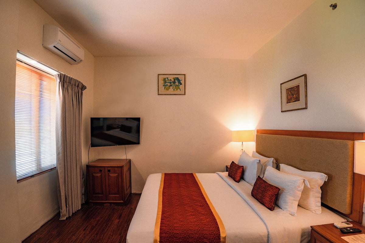 Una habitación de hotel con una cama, televisión, lámpara y ventana con cortinas.
