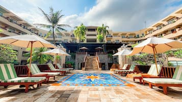 Outdoor pool, open 8 AM to 9:00 PM, pool umbrellas, sun loungers