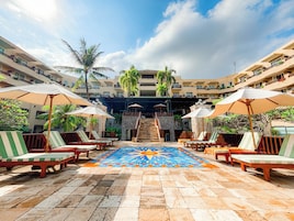 Outdoor pool, open 8 AM to 9:00 PM, pool umbrellas, pool loungers