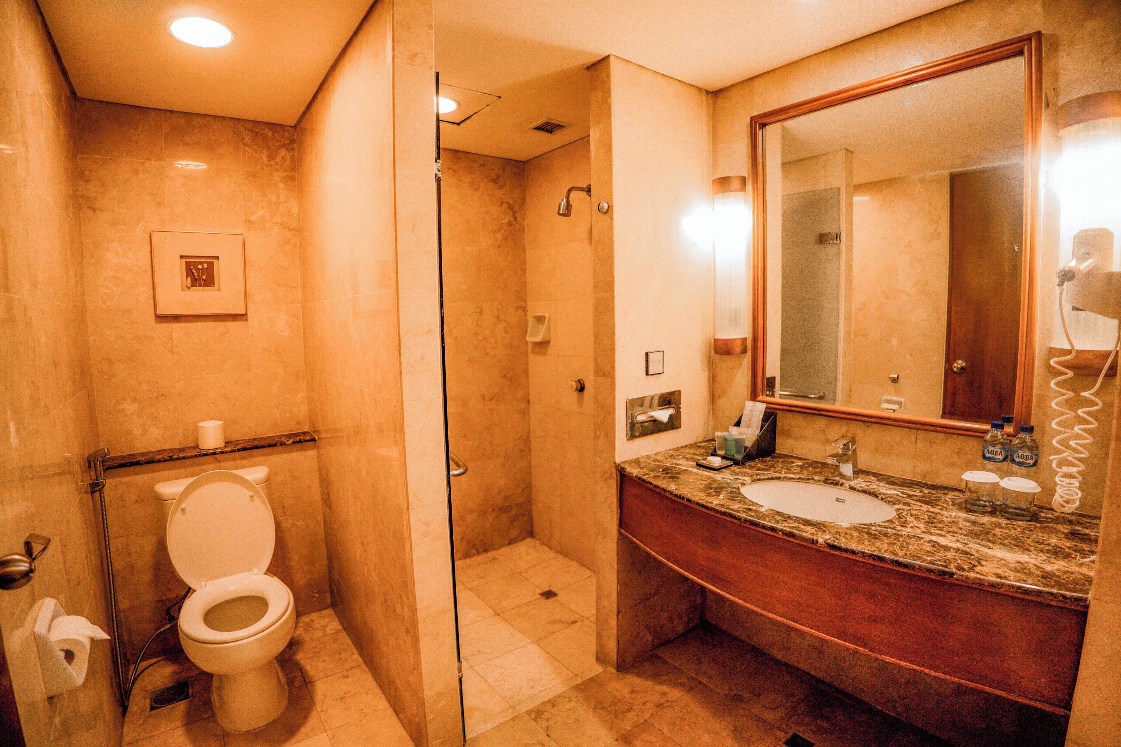 A bathroom with a toilet, sink, and shower.