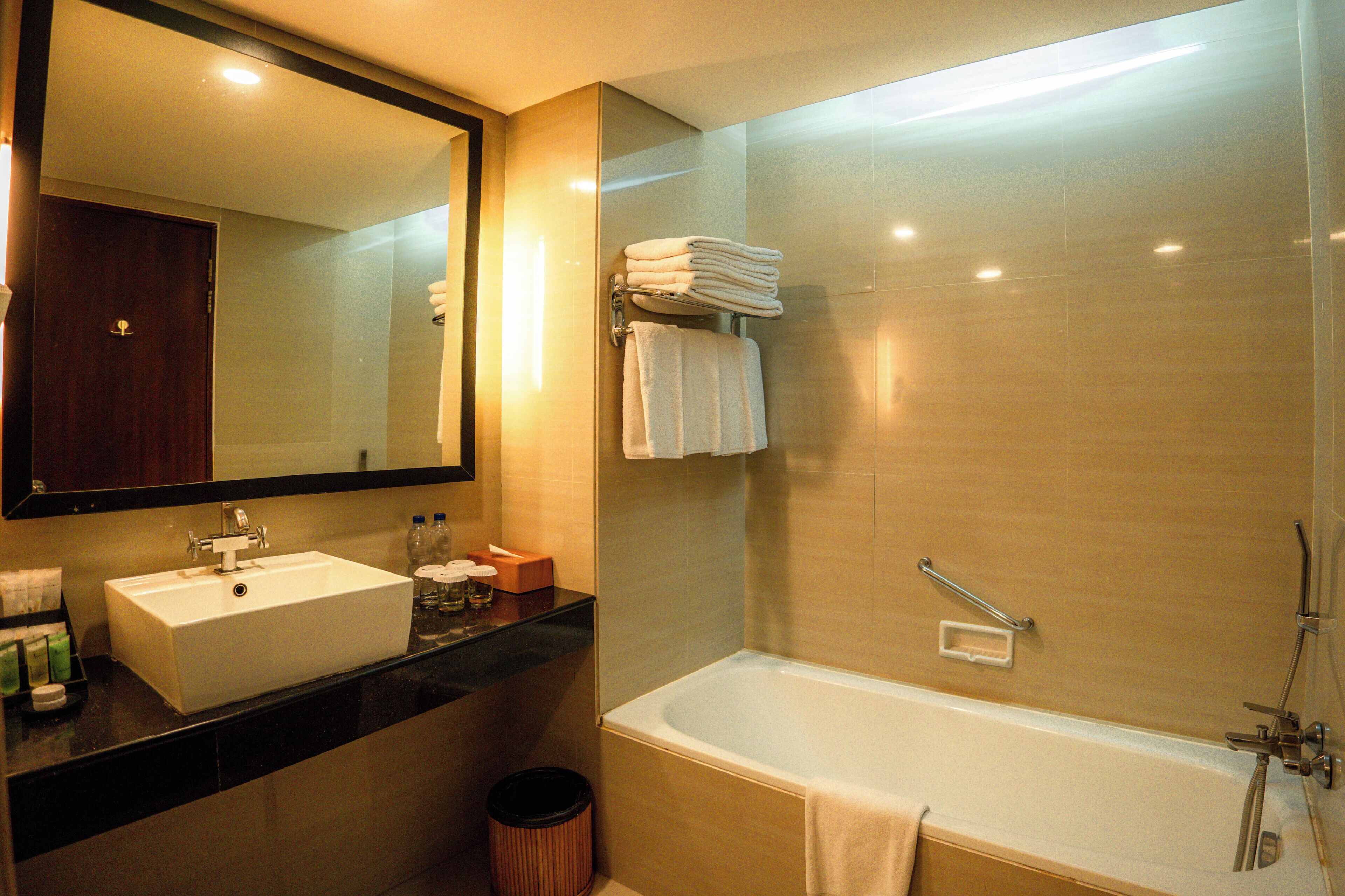 Une salle de bain avec un lavabo, un miroir et une baignoire.