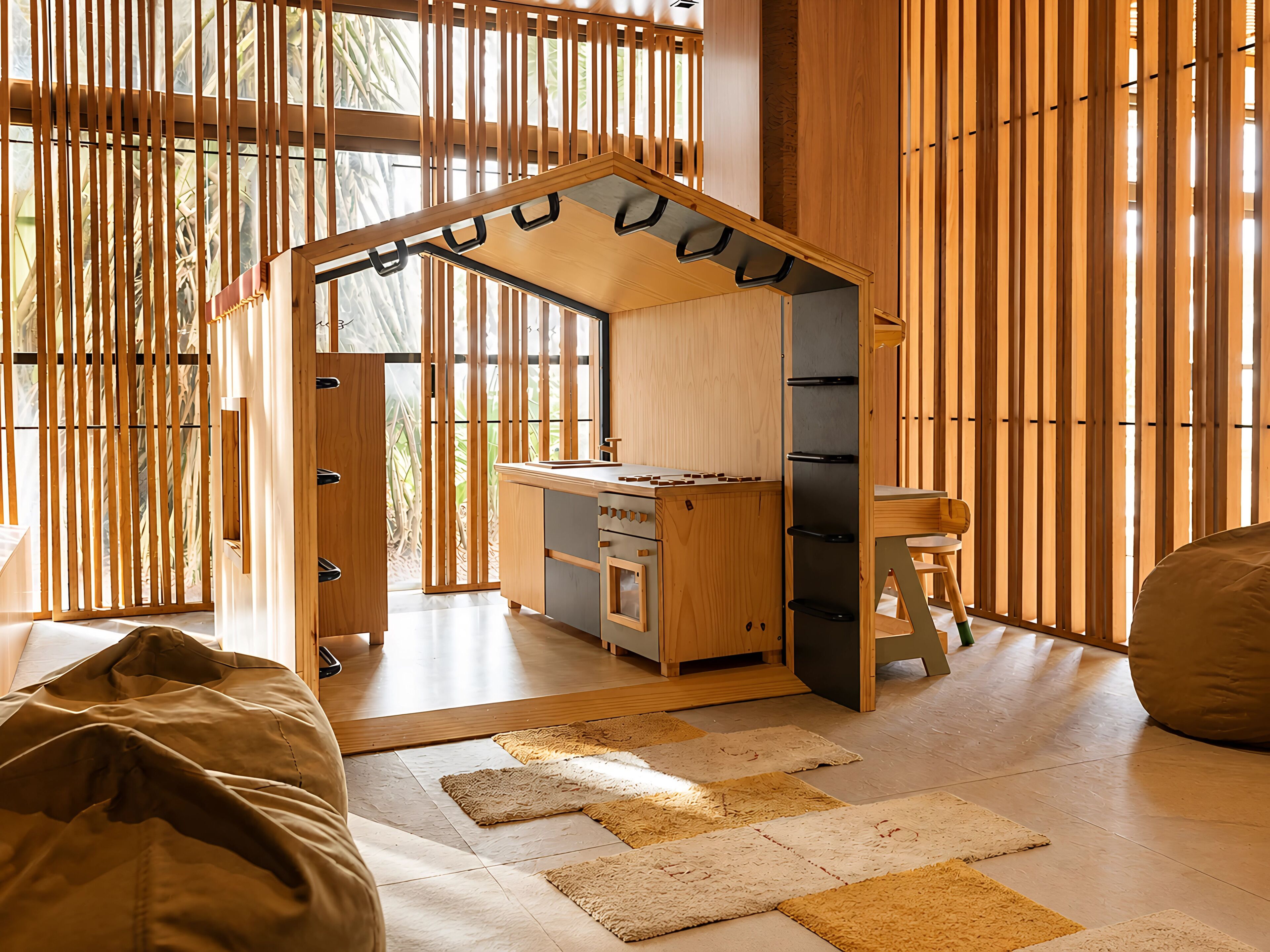 A room with a wooden playhouse structure, a desk, and a chair.