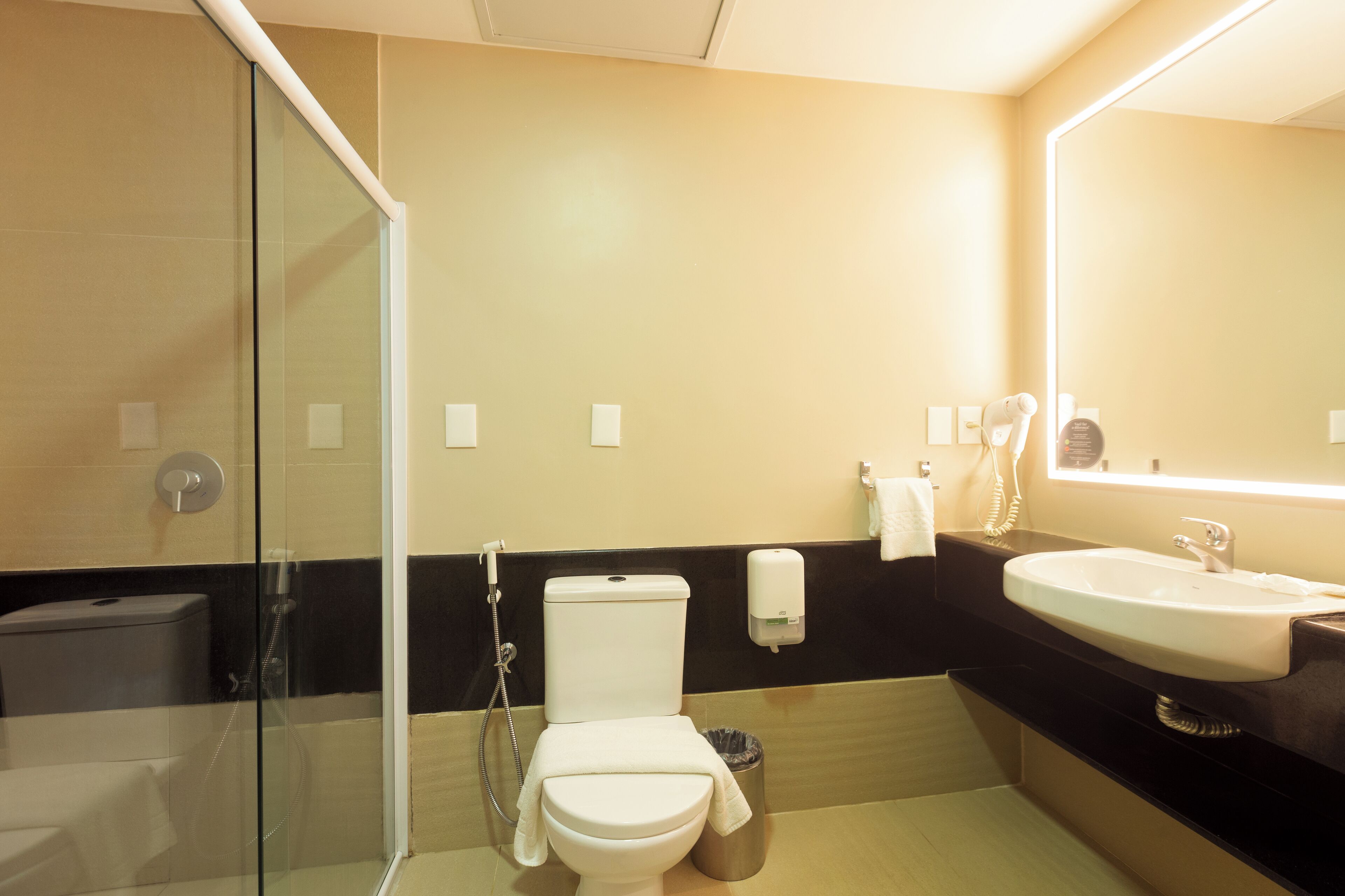 A modern bathroom with a glass shower enclosure, a white toilet, a black and beige wall design, a sink with a mirror, and a hand dryer.