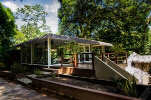 A glass-enclosed structure with a thatched roof, surrounded by lush greenery and a stone pathway.