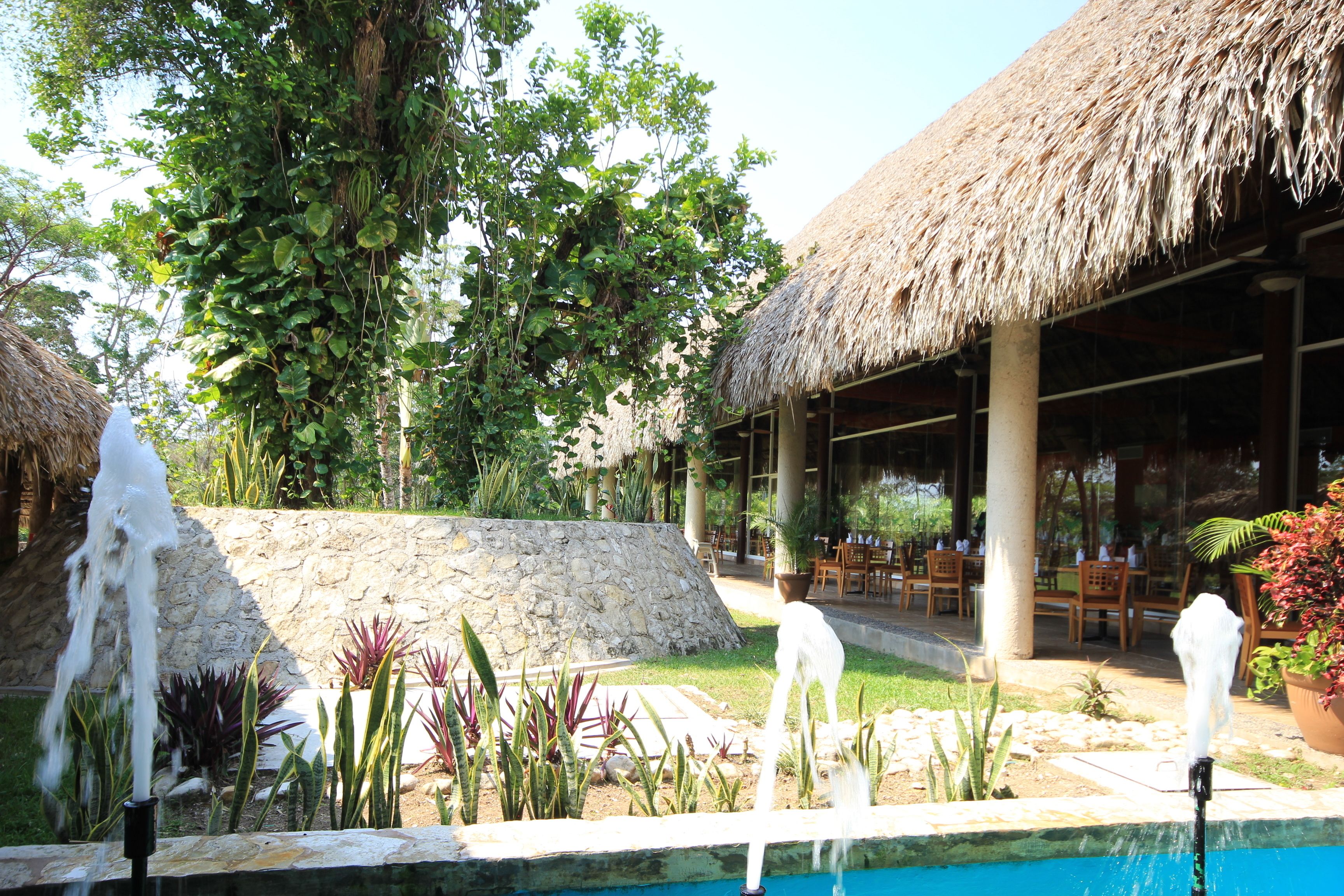 A pool area with a thatched-roof building, surrounded by lush greenery and a stone wall.