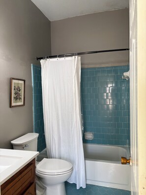 A bathroom with a toilet, bathtub, and shower curtain.